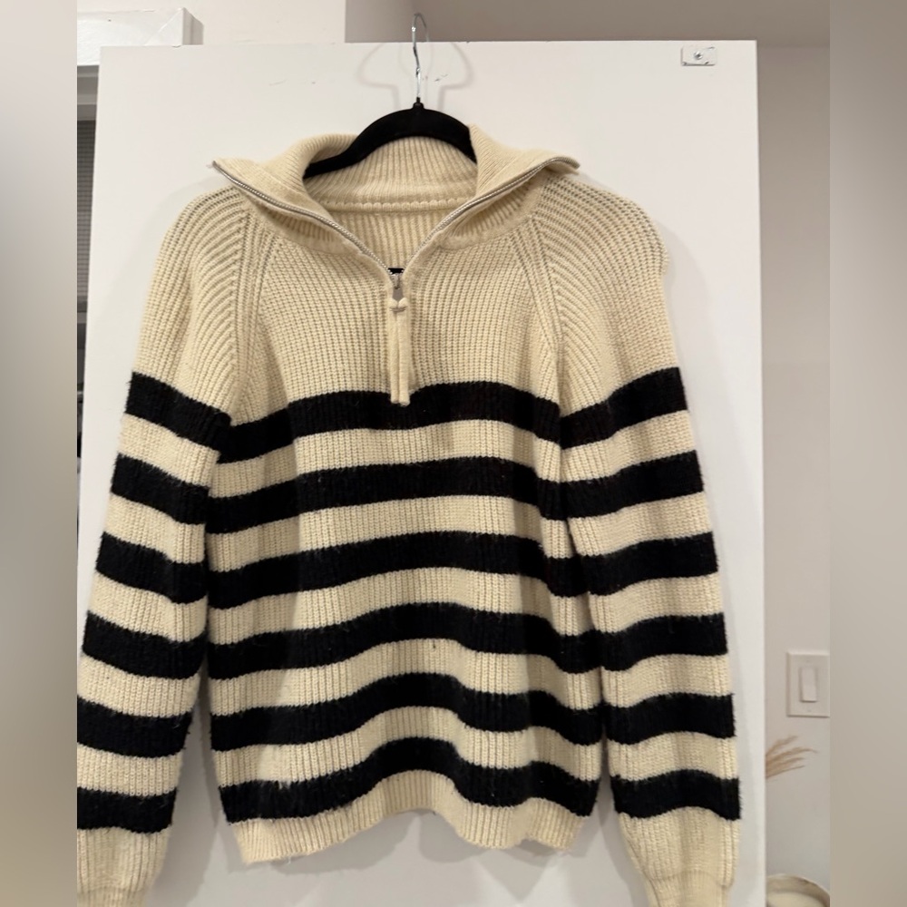 Black and Cream Half Zip Striped Sweater